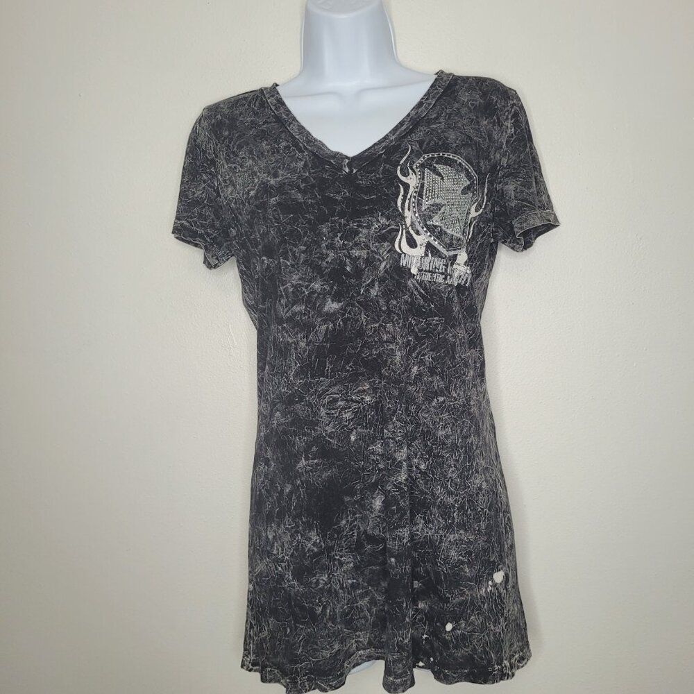 Black white grunge biker mcbling motorcycle short sleeve shirt size medium